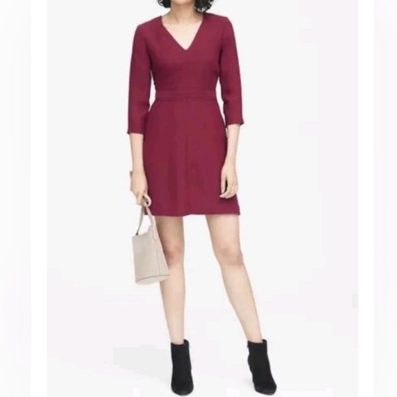 Banana Republic Burgundy V-Neck Fit Flare Dress 3/4 sleeve pocket SZ 10 - Picture 1 of 9